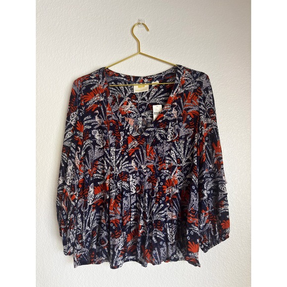Maeve by Anthropologie Tops - Maeve Anthropologie Navy Orange Tropical Flamingo Print Blouse Medium NWT